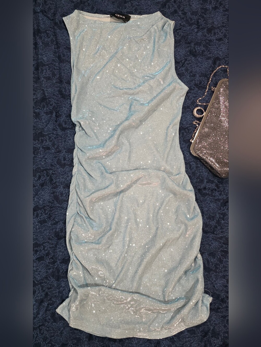 Cider Star Glitter Ruched Mini Dress Ice Blue Shimmer Size XS